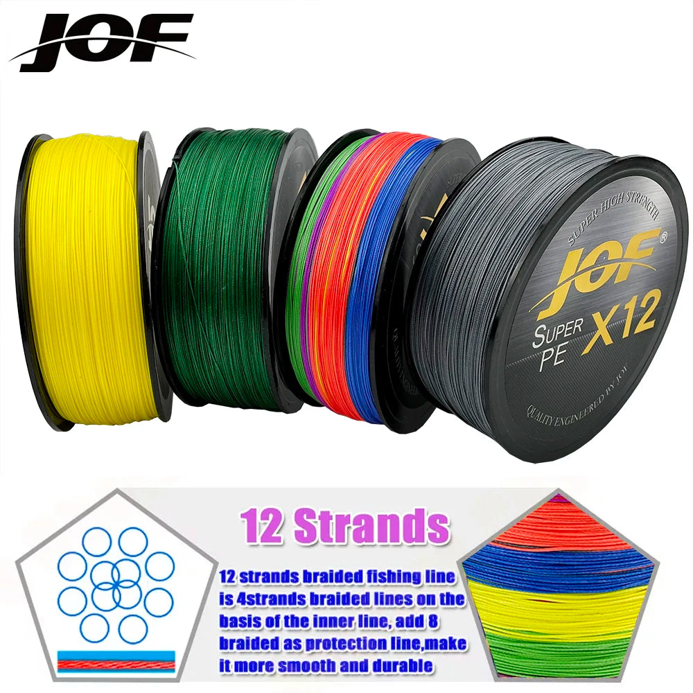 JOF 12 Strands Braid PE Fishing Line 300M 500M 100M Strong Abrasion Resistance Multifilament Fishing Line