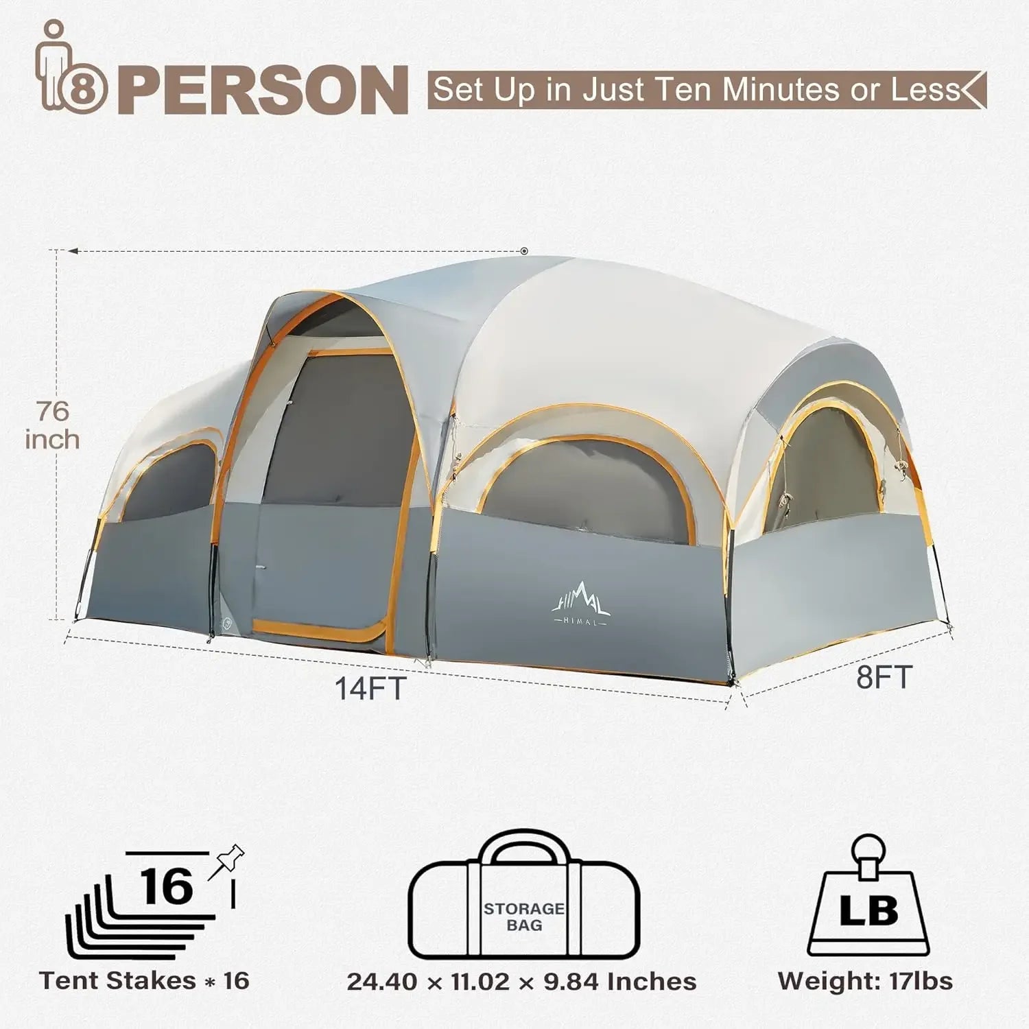 8 Person Tent for Camping, Waterproof Windproof Family Tent with Rainfly, Divided Curtain Design for Privacy Space, Portable wit