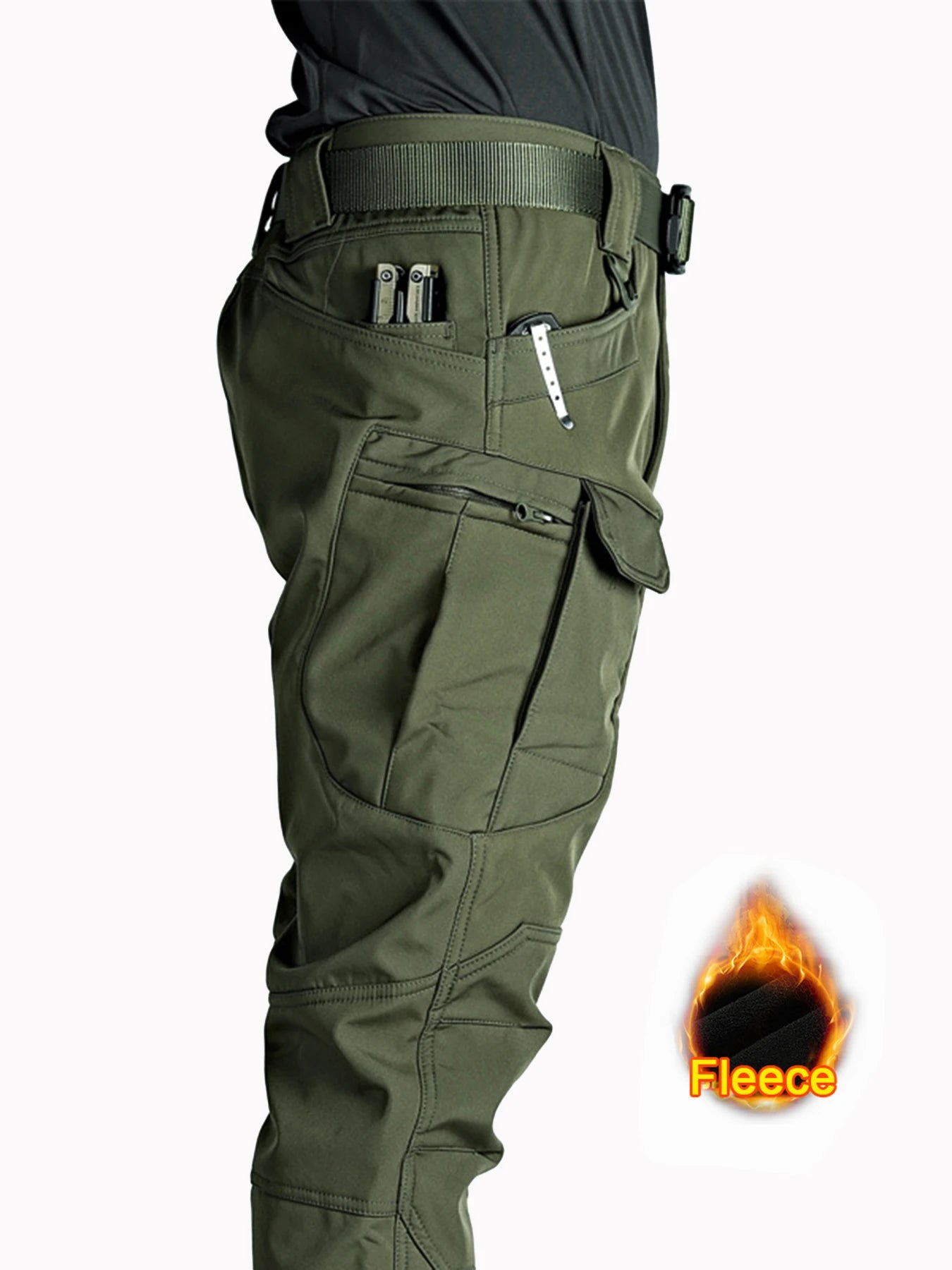 Flap Pocket Men's Fleece Straight Leg Cargo Pants, Loose Casual Tactical Pants, Mens Work Pants For Hiking Climbing