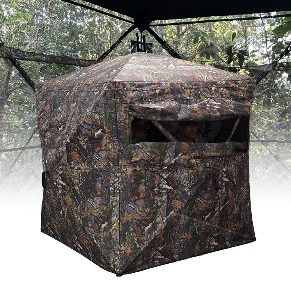 Hunting Blind with chair, 270 degree Shoot Through Mesh with Silent Sliding Window, 2-3 Person Ground Deer Stand Pop Up Tent