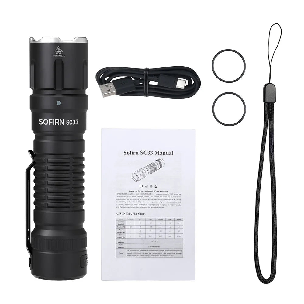 Sofirn SC33 LED Tactical Flashlight XHP70.3 HI  5200lm Powerful 21700 Type C Rechargeable Torch E-switch Outdoor Light