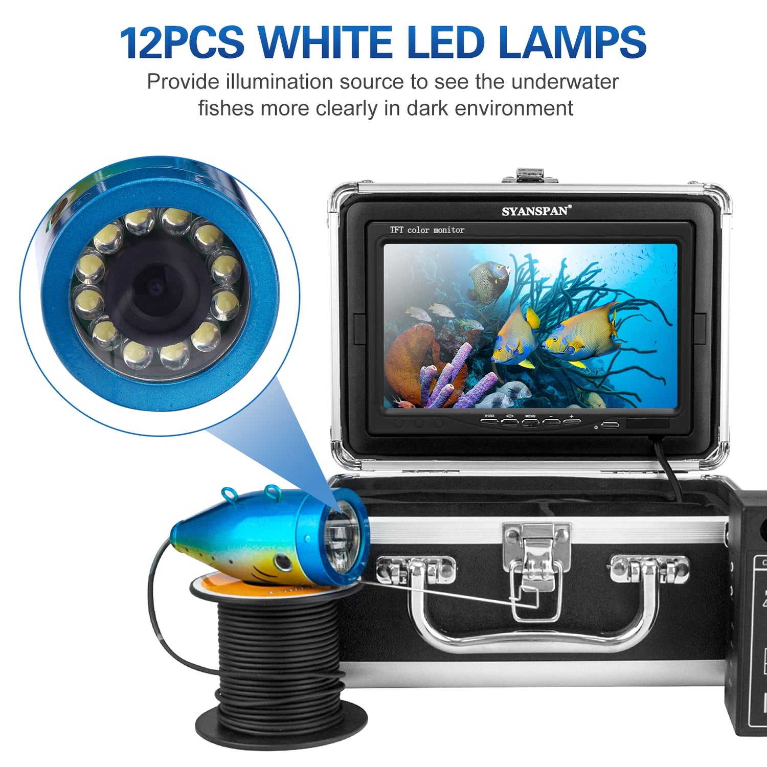 7 Inch 1200TVL Underwater Fishing Camera Fish Finder 12 White LED Lamps 15M for Ice Sea Fishing