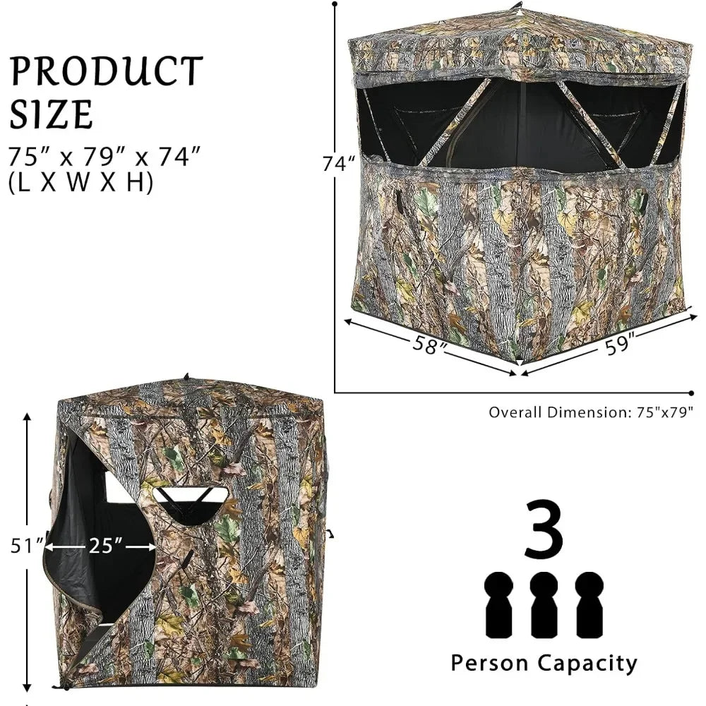 3 Person Pop up Ground Blind, Portable Hunting Blind with Mesh Windows, Carrying Bag & Ground Stakes, with Hub System