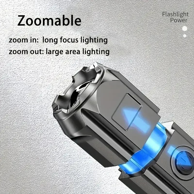 Powerful LED Flashlight Telescopic Zoom Tactical Torch USB Charging Spotlight 4 Lighting Mode Long-Range Outdoor Flashlight