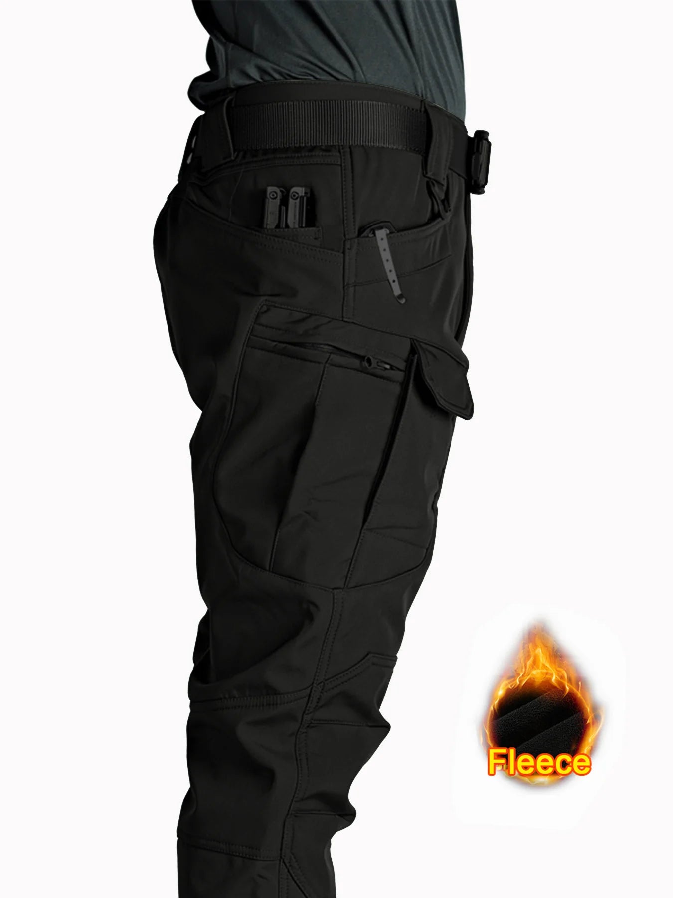 Flap Pocket Men's Fleece Straight Leg Cargo Pants, Loose Casual Tactical Pants, Mens Work Pants For Hiking Climbing