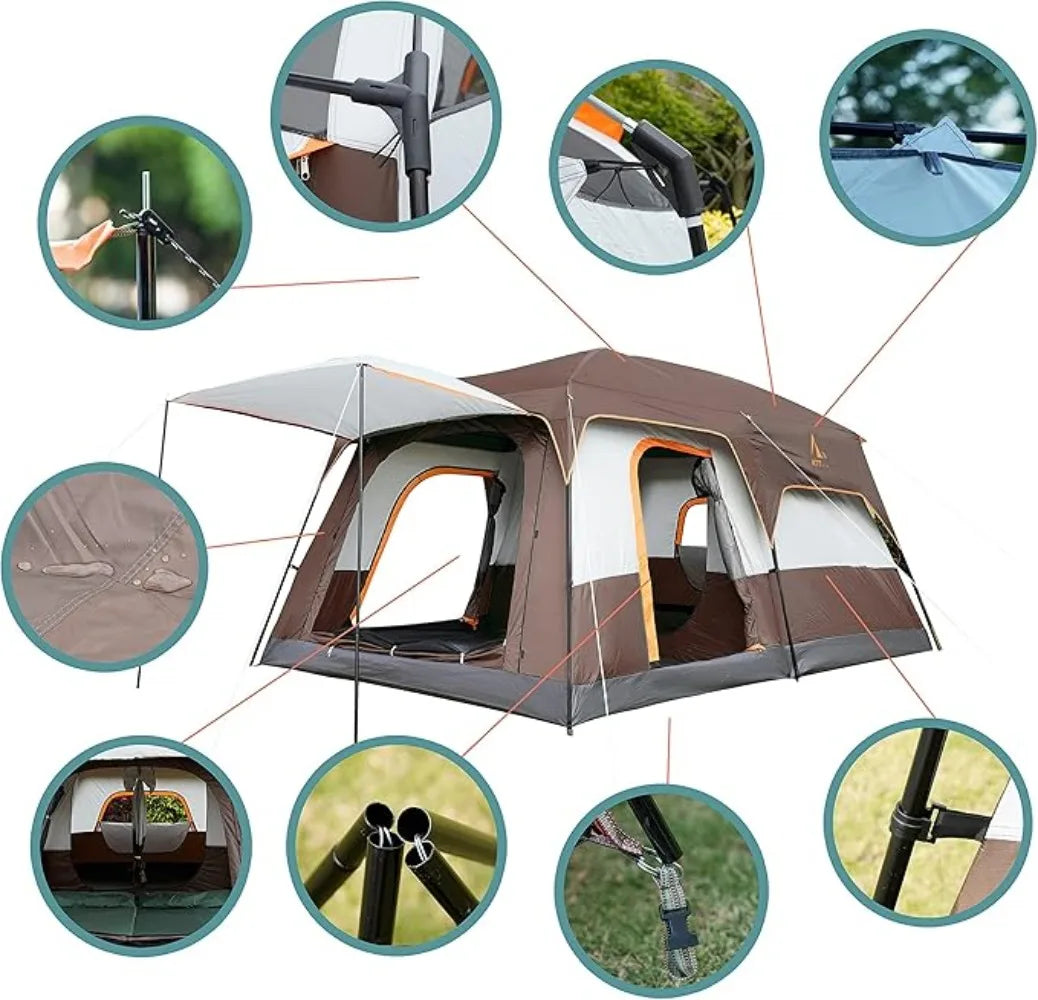 Extra Large Tent 10-12-14 Person(B) Family Cabin Tents 2 Rooms 3 Doors and 3 Windows with Mesh Straight Wall Waterproof