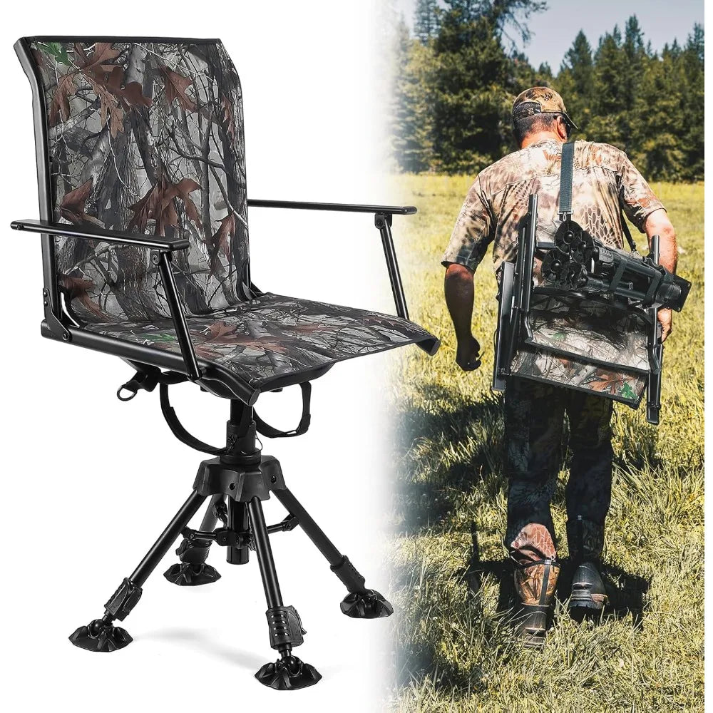 360 Degree Silent Swivel Blind Hunting Chair, Camo Height Adjustable Quick Folding Portable Comfortable Hunting Fishing Chair