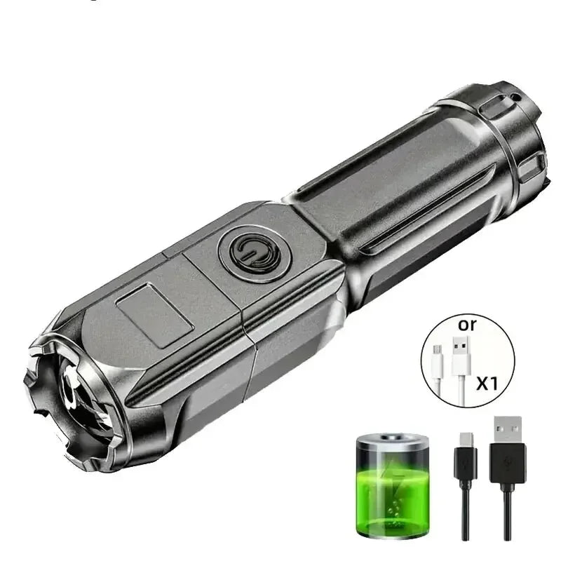 Powerful LED Flashlight Telescopic Zoom Tactical Torch USB Charging Spotlight 4 Lighting Mode Long-Range Outdoor Flashlight