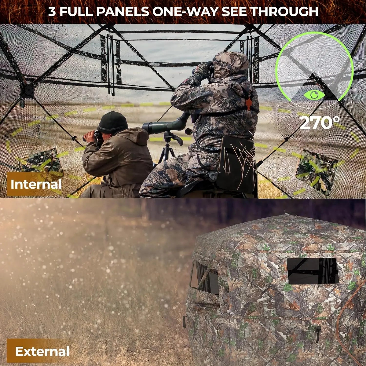 Portable and Durable Hunting Tent, Pop Up Deer Blinds, See Through Ground Blinds, 2-3 and 3-4 Person, 270 °