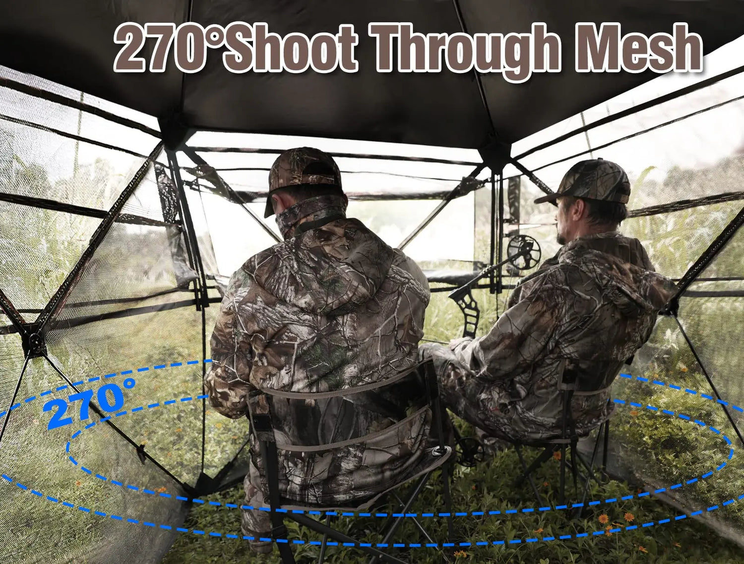 Hunting Blind with chair, 270 degree Shoot Through Mesh with Silent Sliding Window, 2-3 Person Ground Deer Stand Pop Up Tent