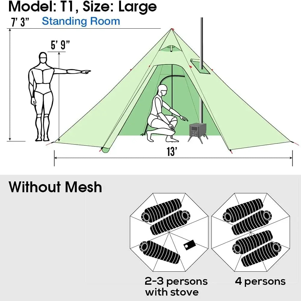 4 Persons 5lb Lightweight Tipi Hot Tents with Stove Jack, 7'3