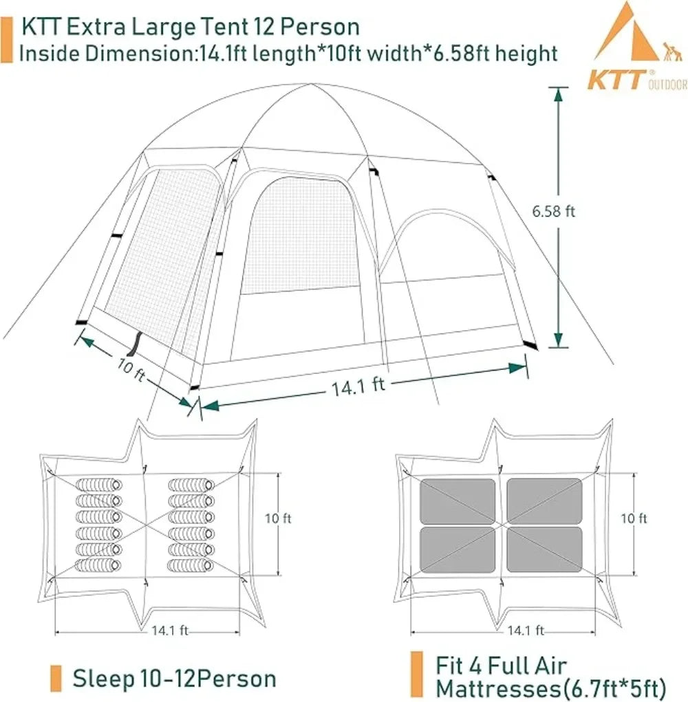 Extra Large Tent 10-12-14 Person(B) Family Cabin Tents 2 Rooms 3 Doors and 3 Windows with Mesh Straight Wall Waterproof